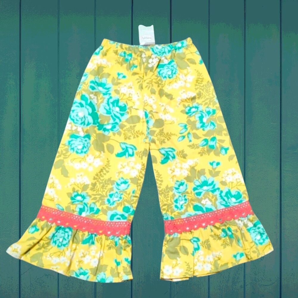 NWT Persnickety Flare Crochet Ruffle Embroidery Yellow Floral Leggings Girls 12
